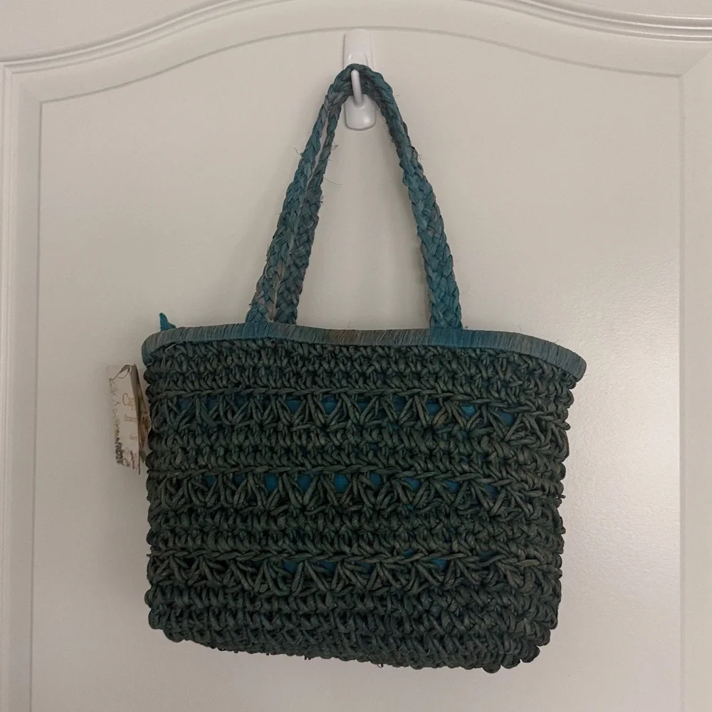 Cappella Straworld Boho Beach Bag Tote Zipper Closure Handwoven Teal Crochet